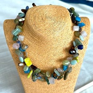 Semi precious polished irregular shaped beads blue greens yellow pinks necklace